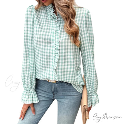 Plaid Ruffle V-Neck Shirt green / S blouse-250223