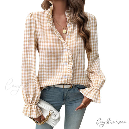 Plaid Ruffle V-Neck Shirt white / S blouse-250223