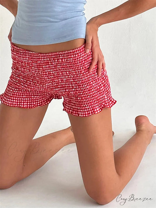 Plaid Ruffled Pajama Lounge Shorts red / S short-250223