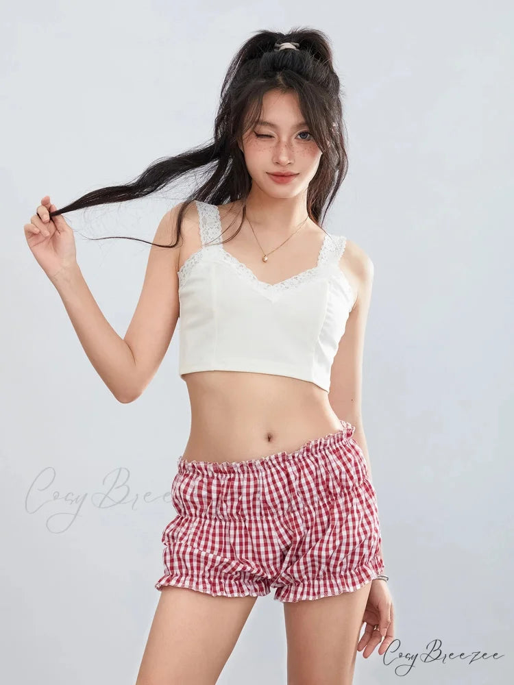 Plaid Ruffled Vintage Shorts short-250223