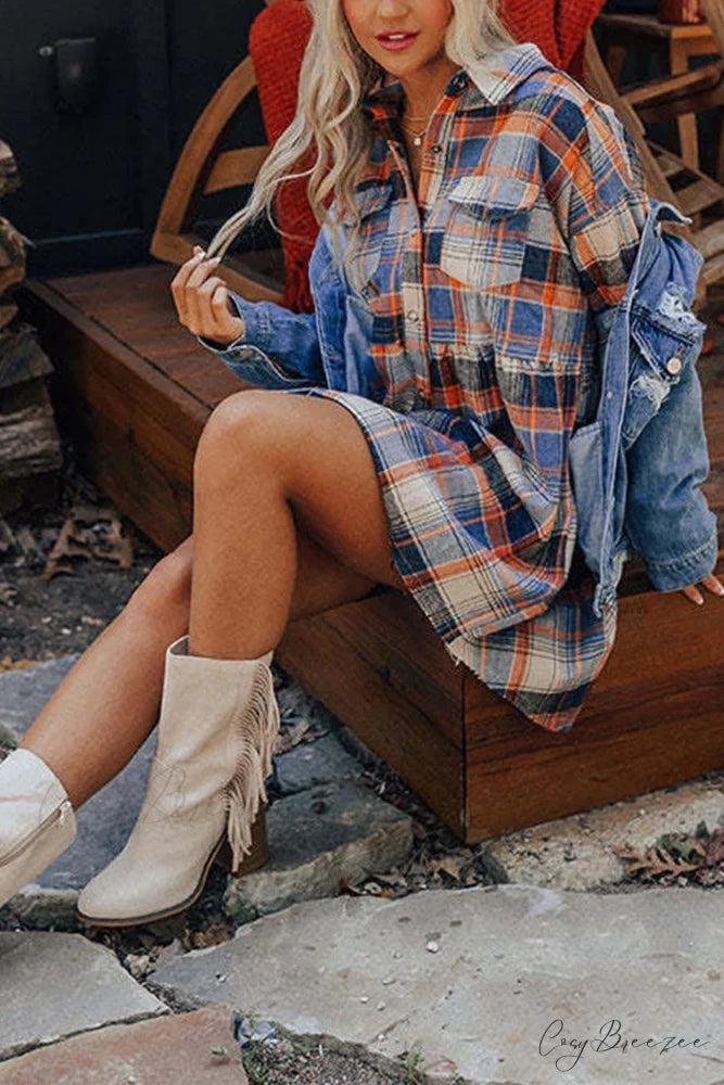 Plaid Shirt Dress with Contrast Pattern