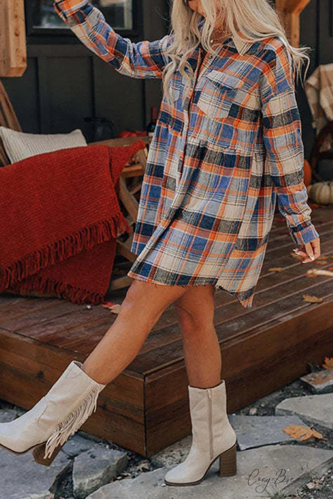 Plaid Shirt Dress with Contrast Pattern