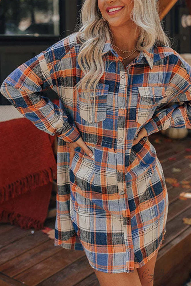 Plaid Shirt Dress with Contrast Pattern