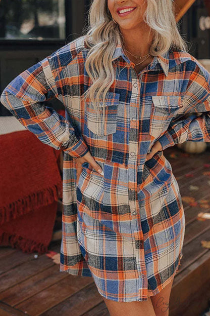 Plaid Shirt Dress with Contrast Pattern