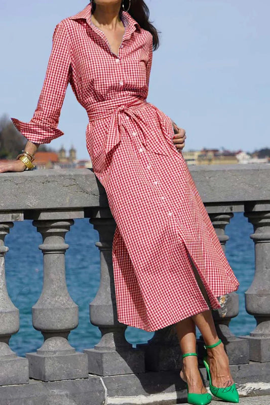 Plaid Shirt Dress with Tie-waist Red / S