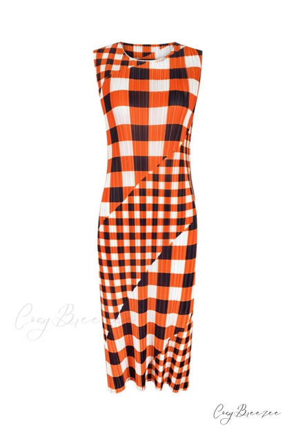 Plaid Sleeveless Pleated Dress Orange / One Size