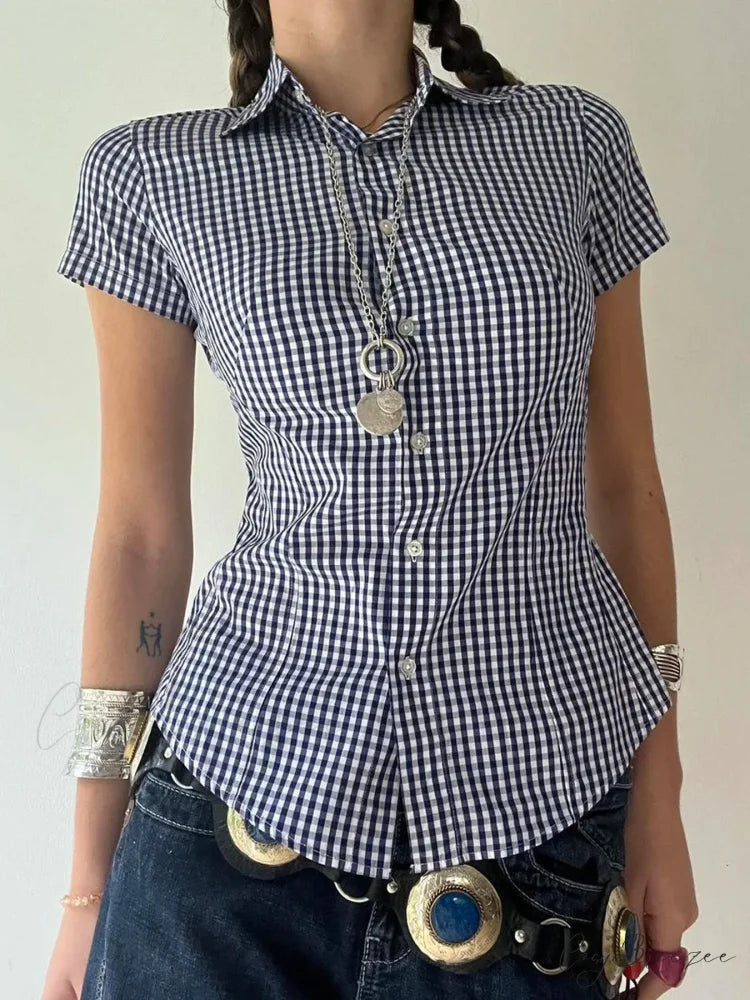 Plaid Slim Buttoned Shirt blouse-250223