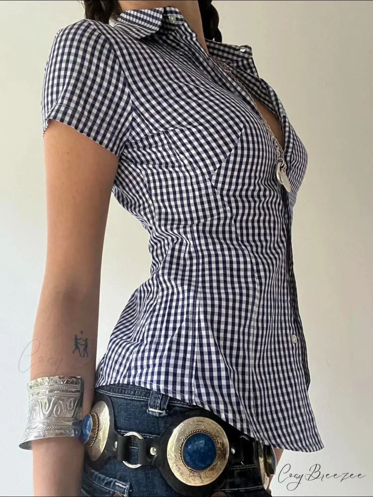 Plaid Slim Buttoned Shirt Blue / S blouse-250223