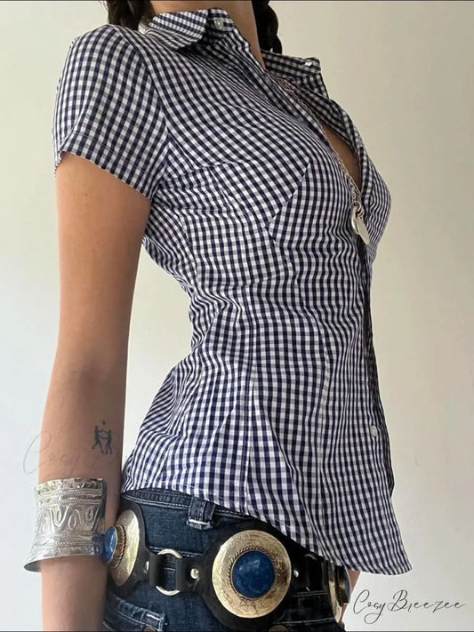 Plaid Slim Buttoned Shirt Blue / S blouse-250223