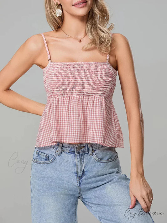 Plaid Smocked Backless Spaghetti Strap Frill Hem Crop Top croptop-250126
