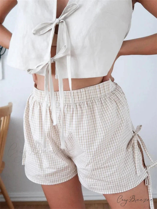 Plaid Split Lace-Up Hollow Shorts white / S short-250223