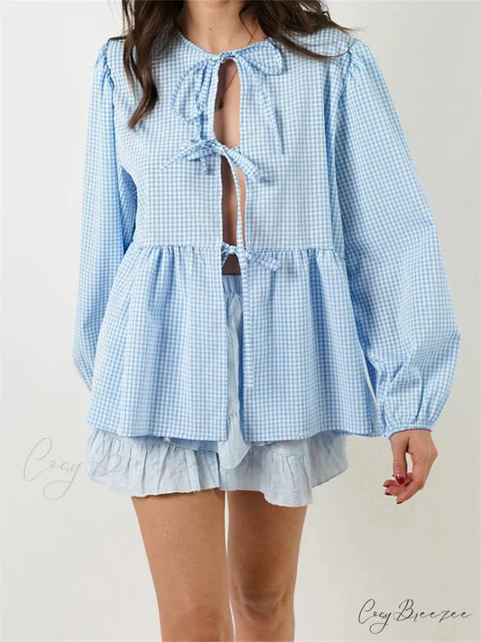 Plaid Stripe Front Tie-up Long Sleeve Crop Top blouse-250126