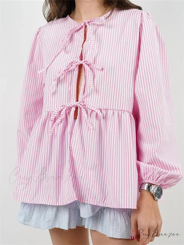 Plaid Stripe Front Tie-up Long Sleeve Crop Top blouse-250126