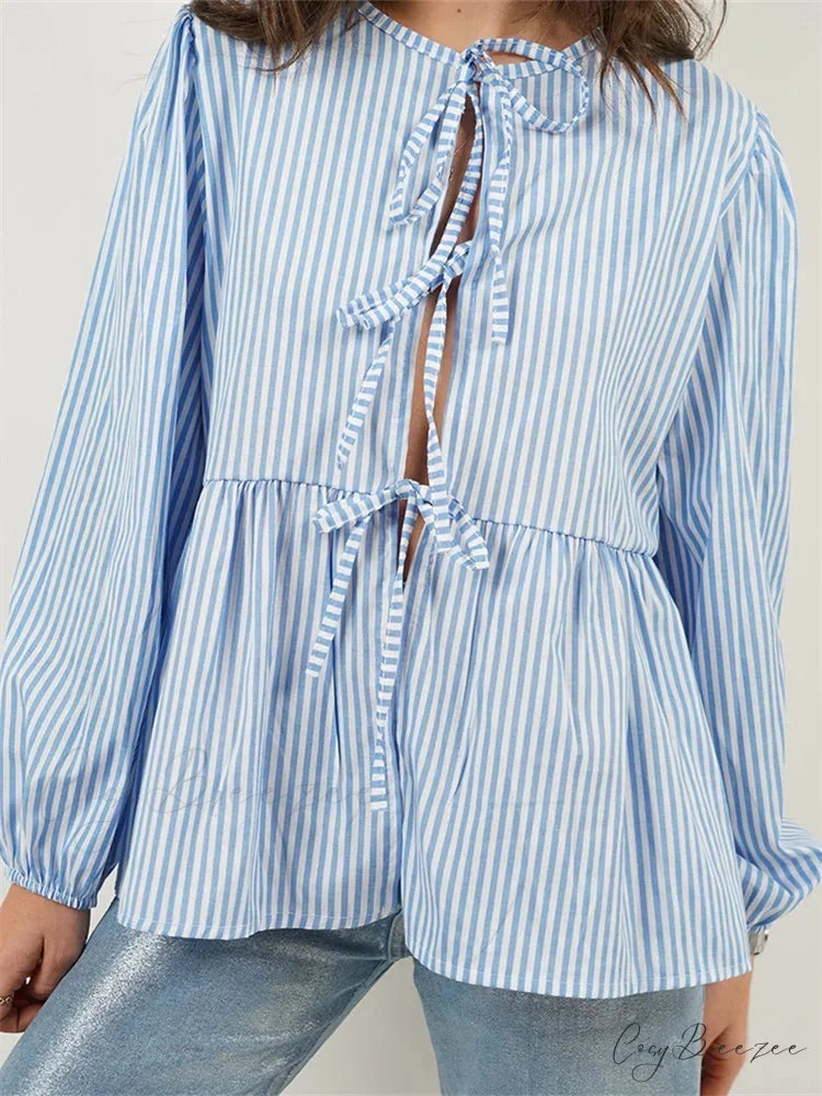 Plaid Stripe Front Tie-up Long Sleeve Crop Top Blue / S blouse-250126