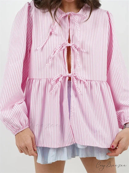 Plaid Stripe Front Tie-up Long Sleeve Crop Top Lotus root color / S blouse-250126