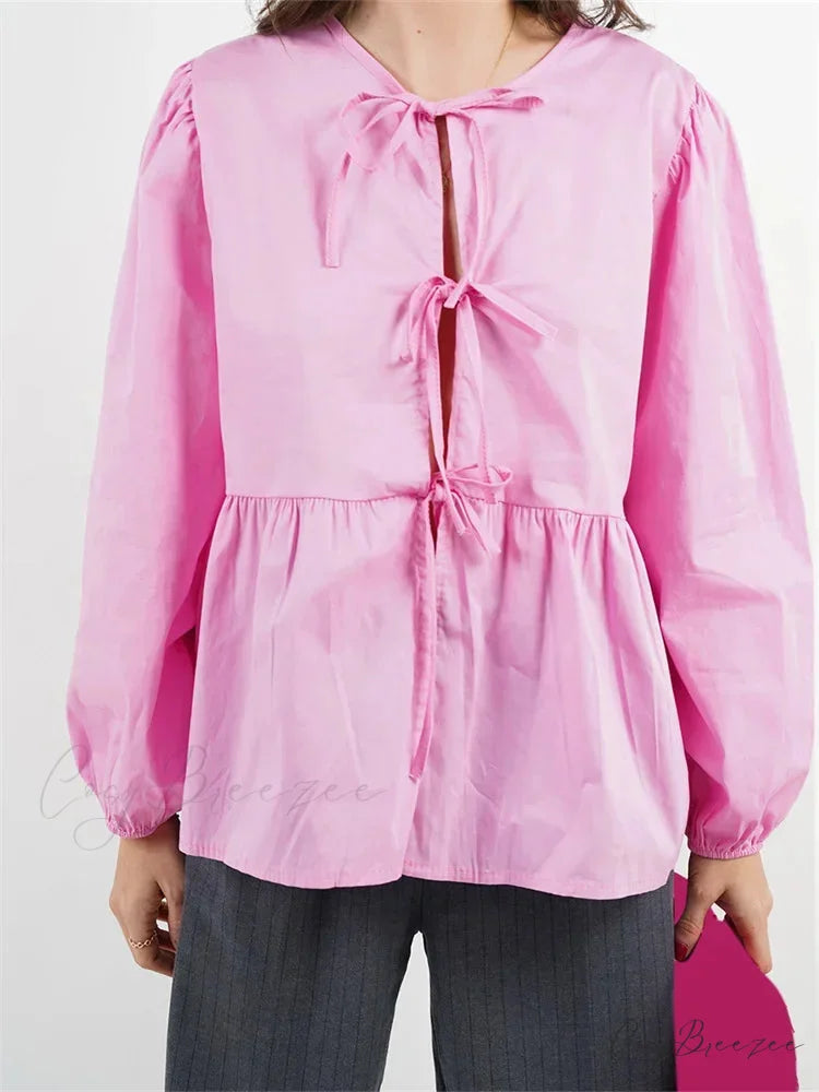 Plaid Stripe Front Tie-up Long Sleeve Crop Top Pink / S blouse-250126