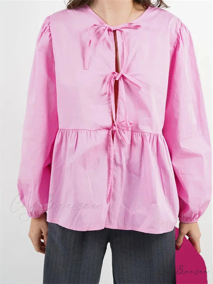 Plaid Stripe Front Tie-up Long Sleeve Crop Top Pink / S blouse-250126