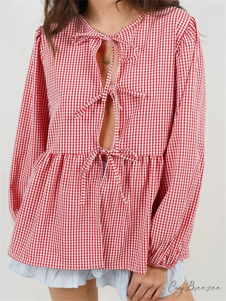 Plaid Stripe Front Tie-up Long Sleeve Crop Top Red / S blouse-250126