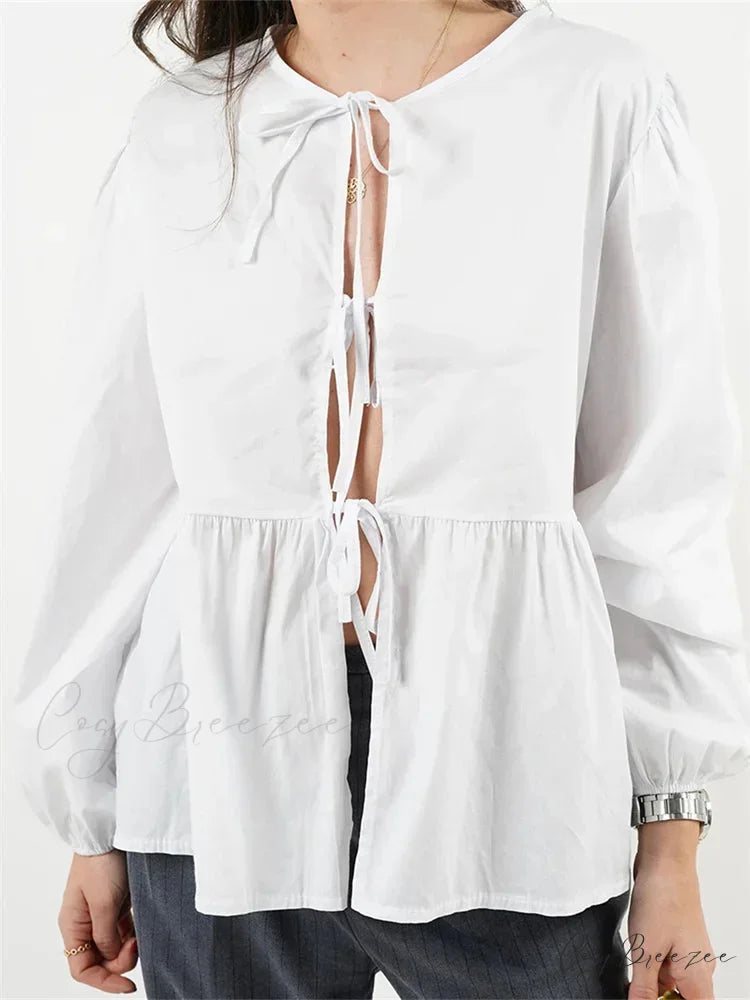 Plaid Stripe Front Tie-up Long Sleeve Crop Top WHITE / S blouse-250126