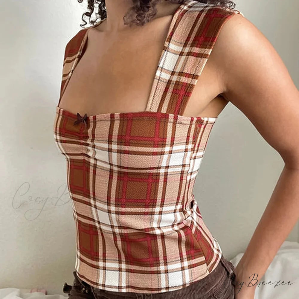 Plaid Stripe Square Neck Crop Top croptop-250223