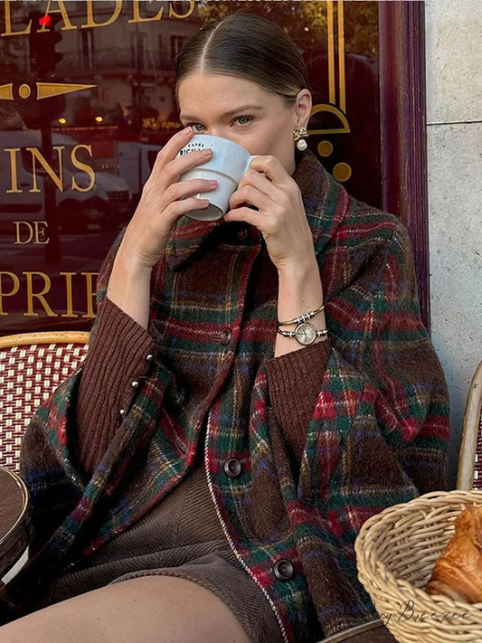 Plaid Stripe Wool Mix Cape Coat coats-241228