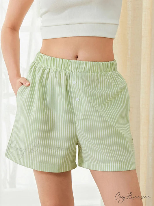 Plaid Striped Button Lounge Shorts short-250223