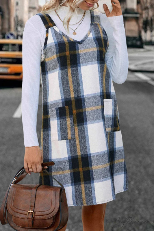 Plaid Tank Dress with V Neck Blue Coffee / S