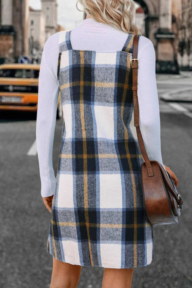 Plaid Tank Dress with V Neck Blue Coffee / XL
