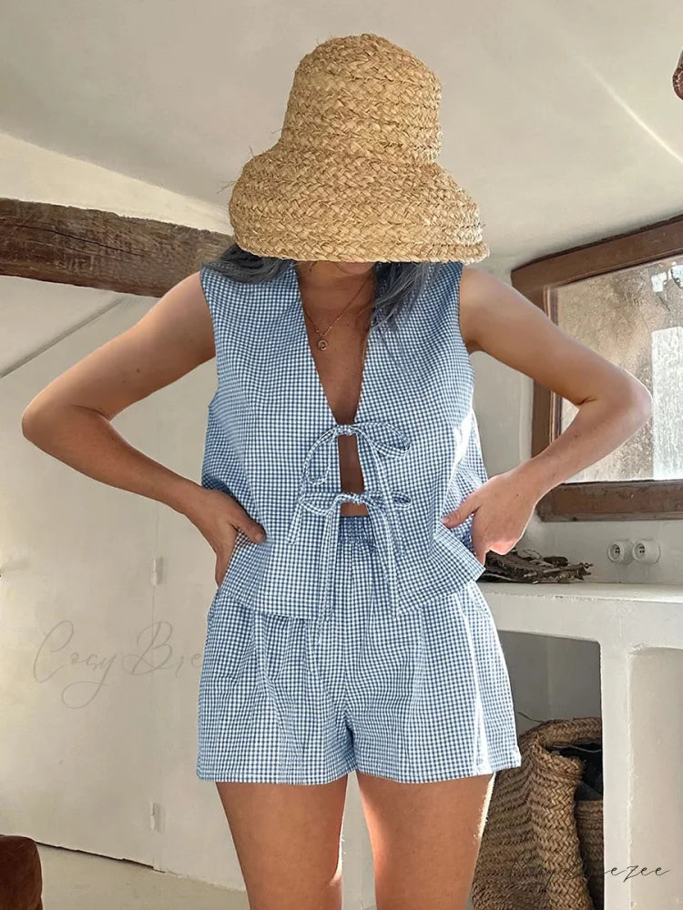 Plaid Tie Front Vest Crop Top blue / S croptop-250223