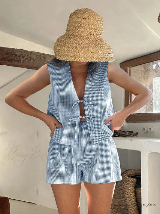 Plaid Tie Front Vest Crop Top blue / S croptop-250223