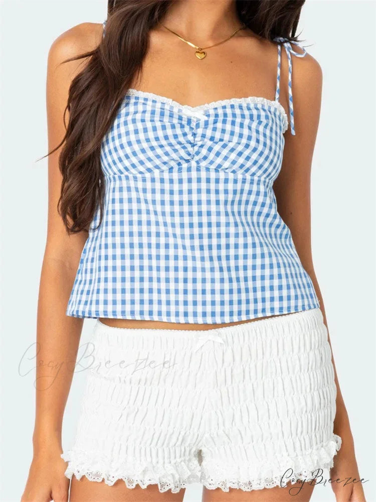 Plaid Tie-up Backless Ruched V-neck Crop Top BLUE / S croptop-250126
