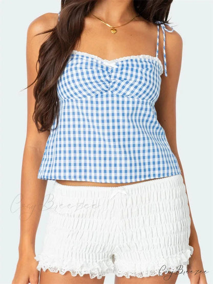 Plaid Tie-up Backless Ruched V-neck Crop Top BLUE / S croptop-250126