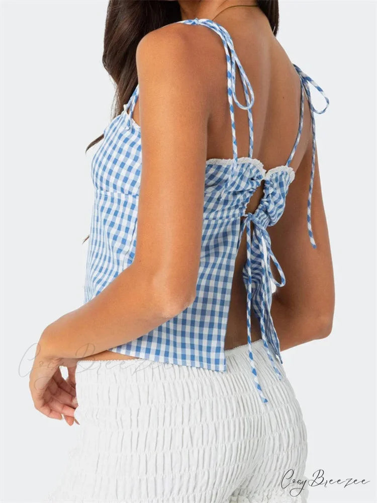 Plaid Tie-up Backless Ruched V-neck Crop Top croptop-250126