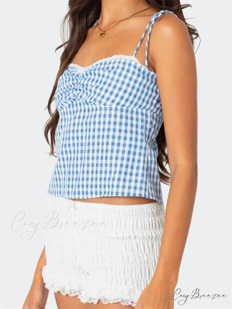 Plaid Tie-up Backless Ruched V-neck Crop Top croptop-250126