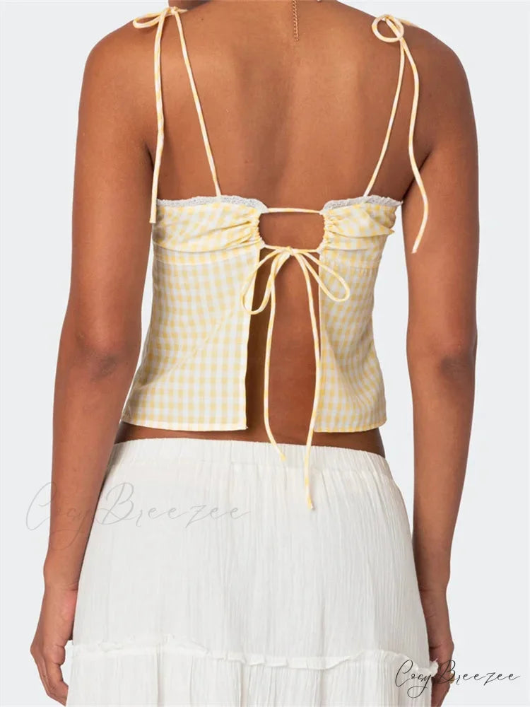 Plaid Tie-up Backless Ruched V-neck Crop Top croptop-250126