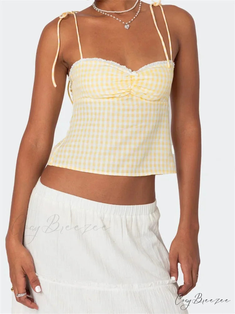 Plaid Tie-up Backless Ruched V-neck Crop Top croptop-250126