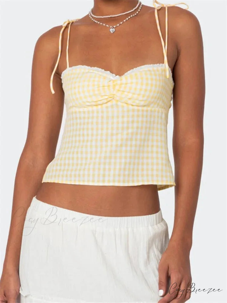 Plaid Tie-up Backless Ruched V-neck Crop Top YELLOW / S croptop-250126