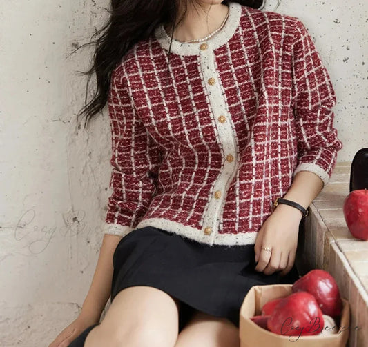 Plaid Tweed Retro Red O-Neck Cardigan Red / One Size