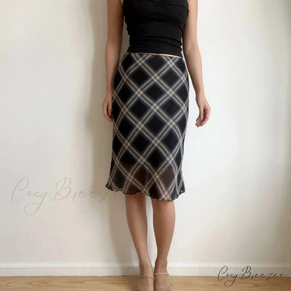 Plaid Vintage Ruffle Mid Skirt Aesthetics Tulle Skirt