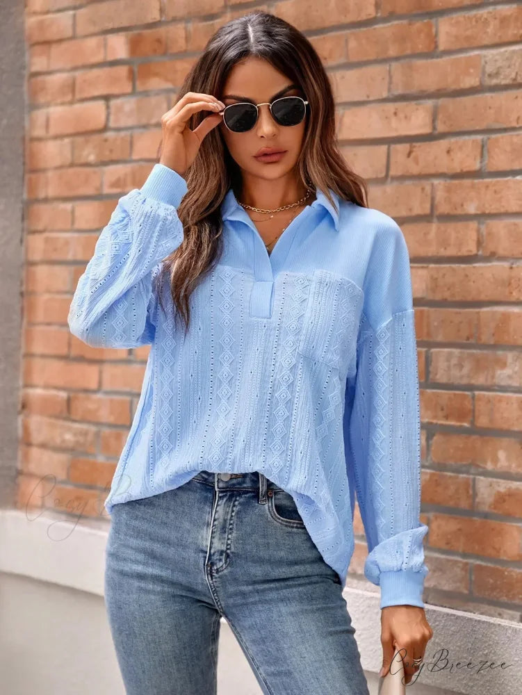 Plain Collarless Pullover Knit Elegant Blouse Blue / S blouse-250126