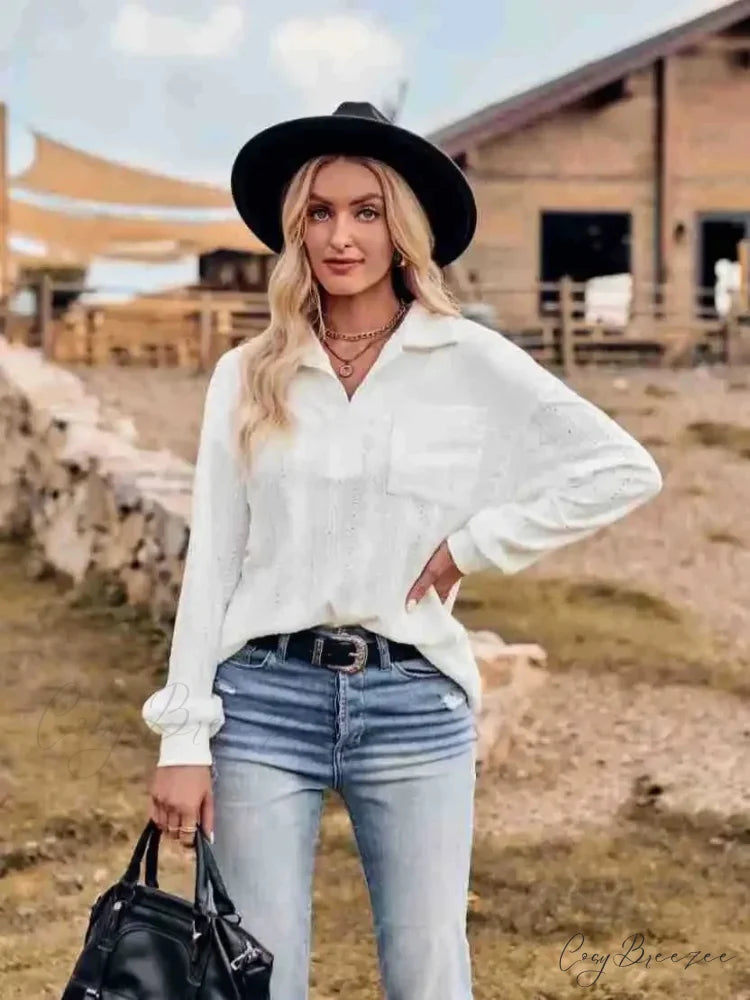 Plain Collarless Pullover Knit Elegant Blouse White / S blouse-250126