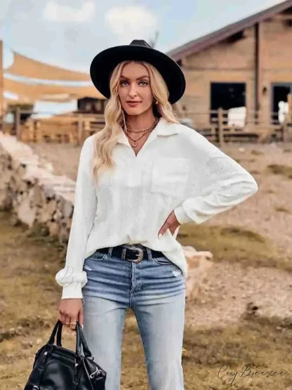 Plain Collarless Pullover Knit Elegant Blouse White / S blouse-250126
