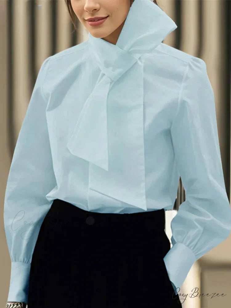 Plain Color Bowtie Collar Long Sleeve Blouse Blue / S blouse-250126