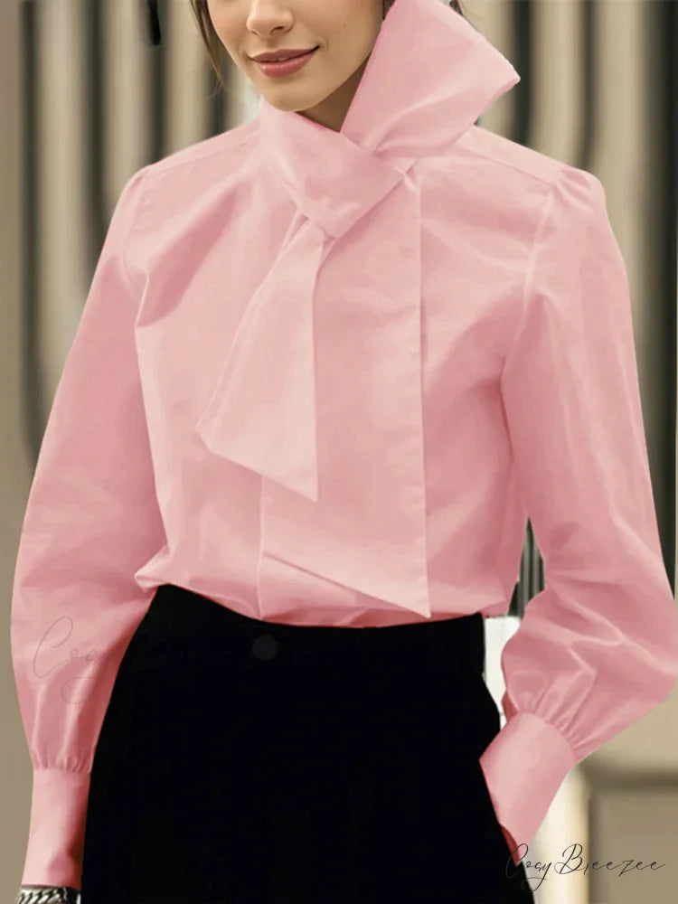 Plain Color Bowtie Collar Long Sleeve Blouse Pink / S blouse-250126