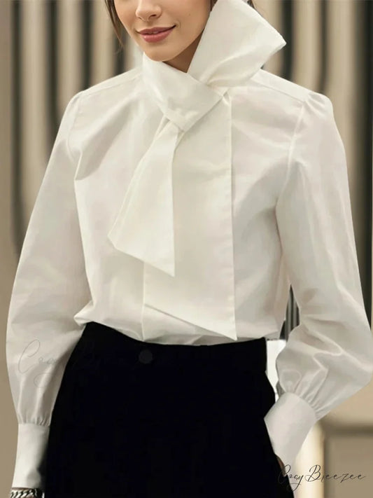 Plain Color Bowtie Collar Long Sleeve Blouse WHITE / S blouse-250126