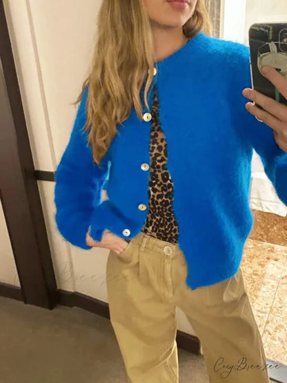 Plain Color Button-Down Full Sleeve Cardigan blue / S cardigans-241228
