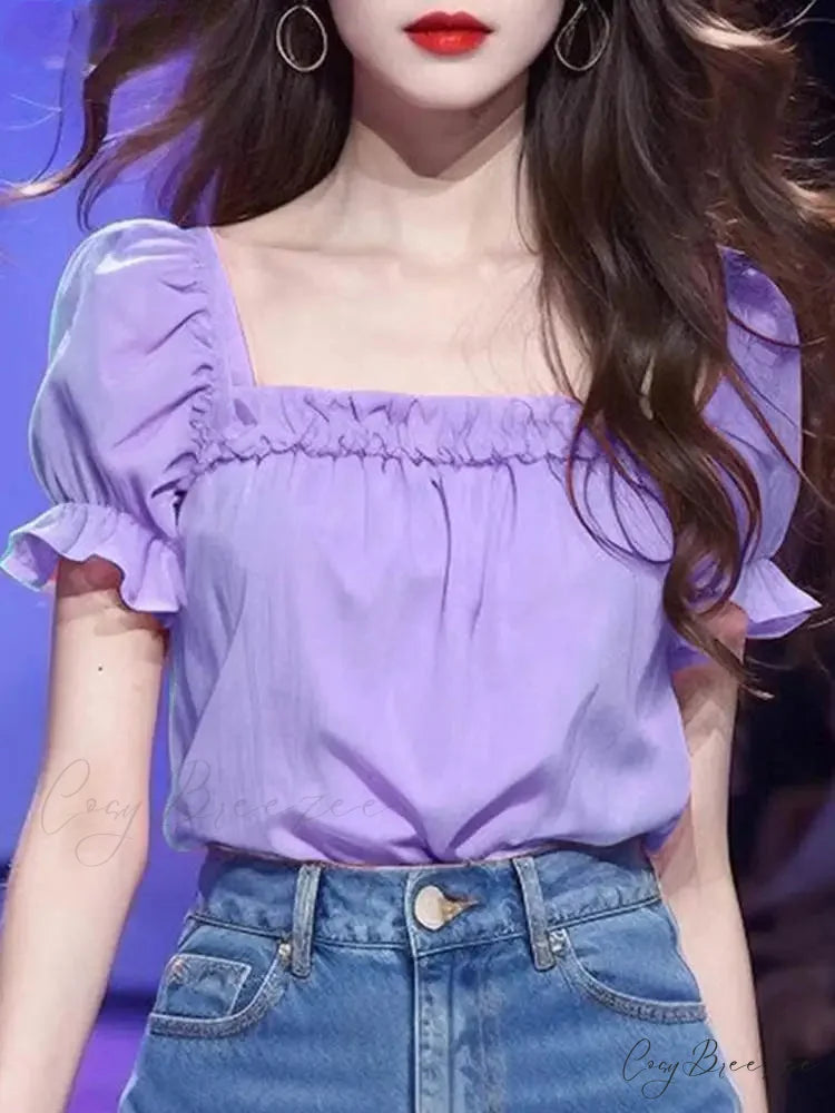 Plain Color Frilled Square-neck Short Sleeve Blouse blouse-250126