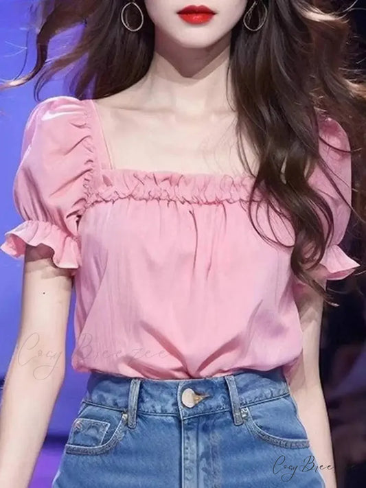 Plain Color Frilled Square-neck Short Sleeve Blouse blouse-250126