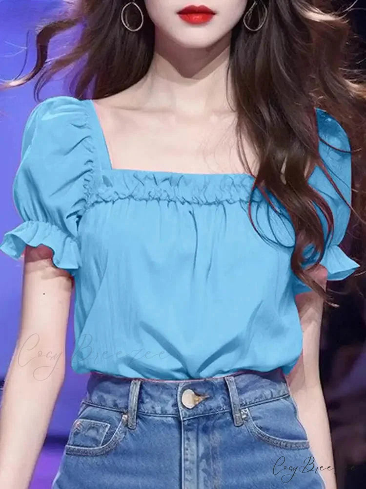 Plain Color Frilled Square-neck Short Sleeve Blouse blouse-250126