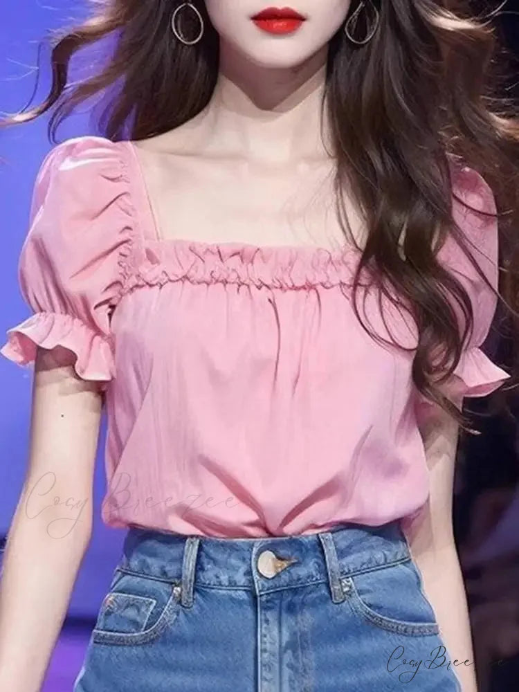 Plain Color Frilled Square-neck Short Sleeve Blouse Light Pink / S blouse-250126